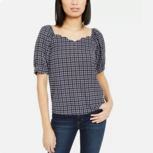 Puff Sleeve Check Plaid Scalloped Neckline Size XL Petite Checkered